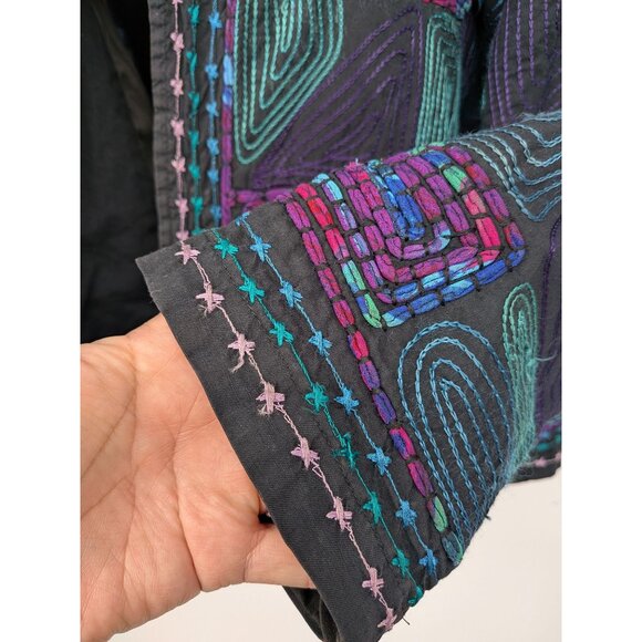 Embroidered Blazer Jacket Women Size 1X Open Front Boho Geometric Patchwork Art - Picture 4 of 16